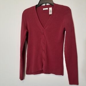 Liz & CO. Burgundy Rib Knit Pullover Sweater w Front Braid,  Size XL